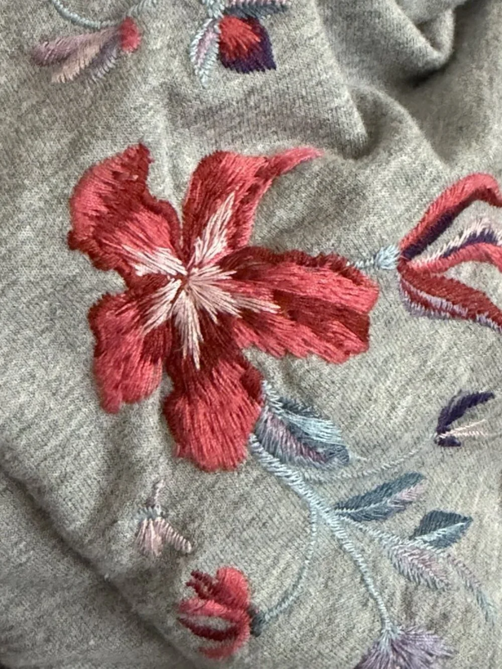 Driftwood Floral Embroidered Zip Up Hoodie Womens S Gray Boho Cotton Cottagecore